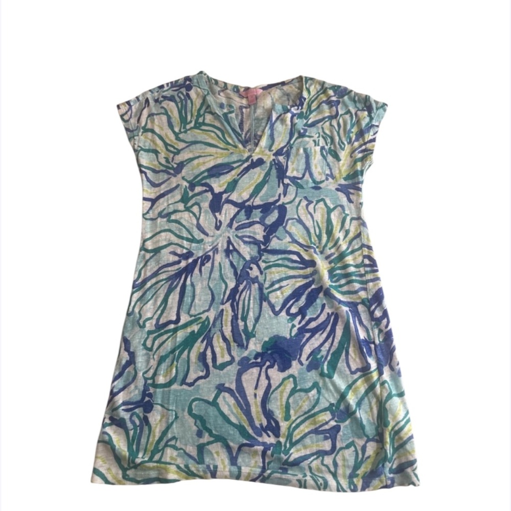 Lilly Pulitzer Duval Pool Blue Stay‎ Cool Linen T Shirt Dress Size XS
